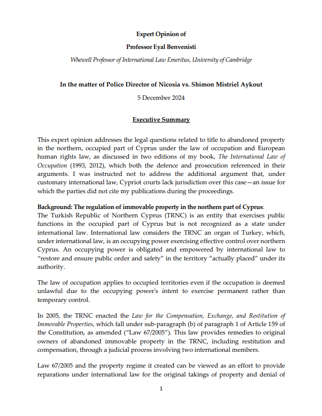 Expert Opinion of Professor Eyal Benvenisti 